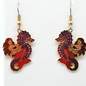 Vintage Cloisonne Signed GCC Purple Red Enamel Meramaid Seahorse Earrings